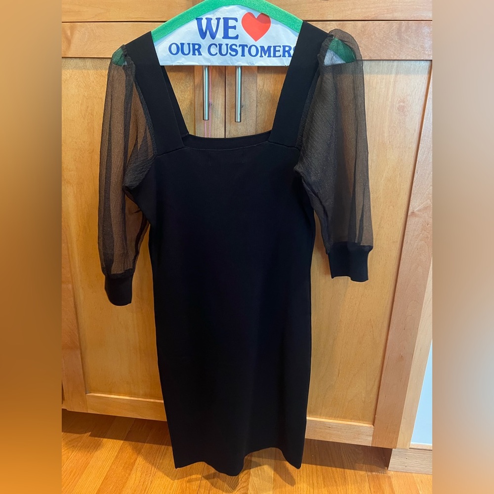 Mango bodycon dress with sheer, slightly puffed sleeves.